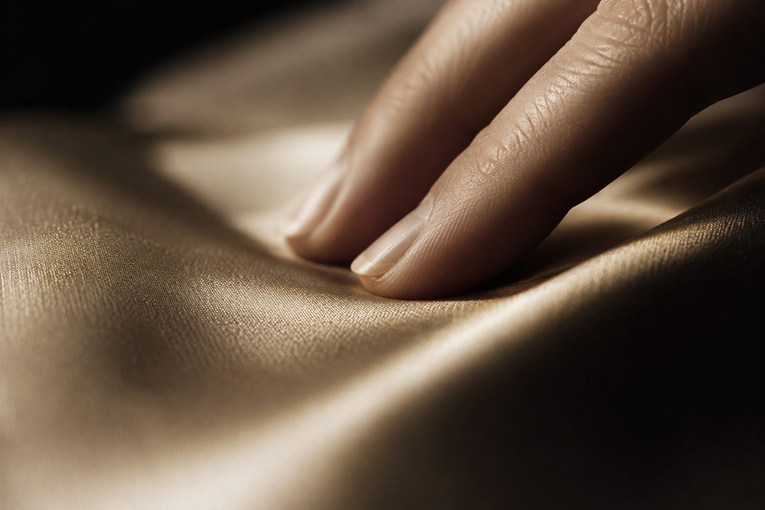Macro de oficio: yema de dedo sobre seda con luz cálida — estética Auré